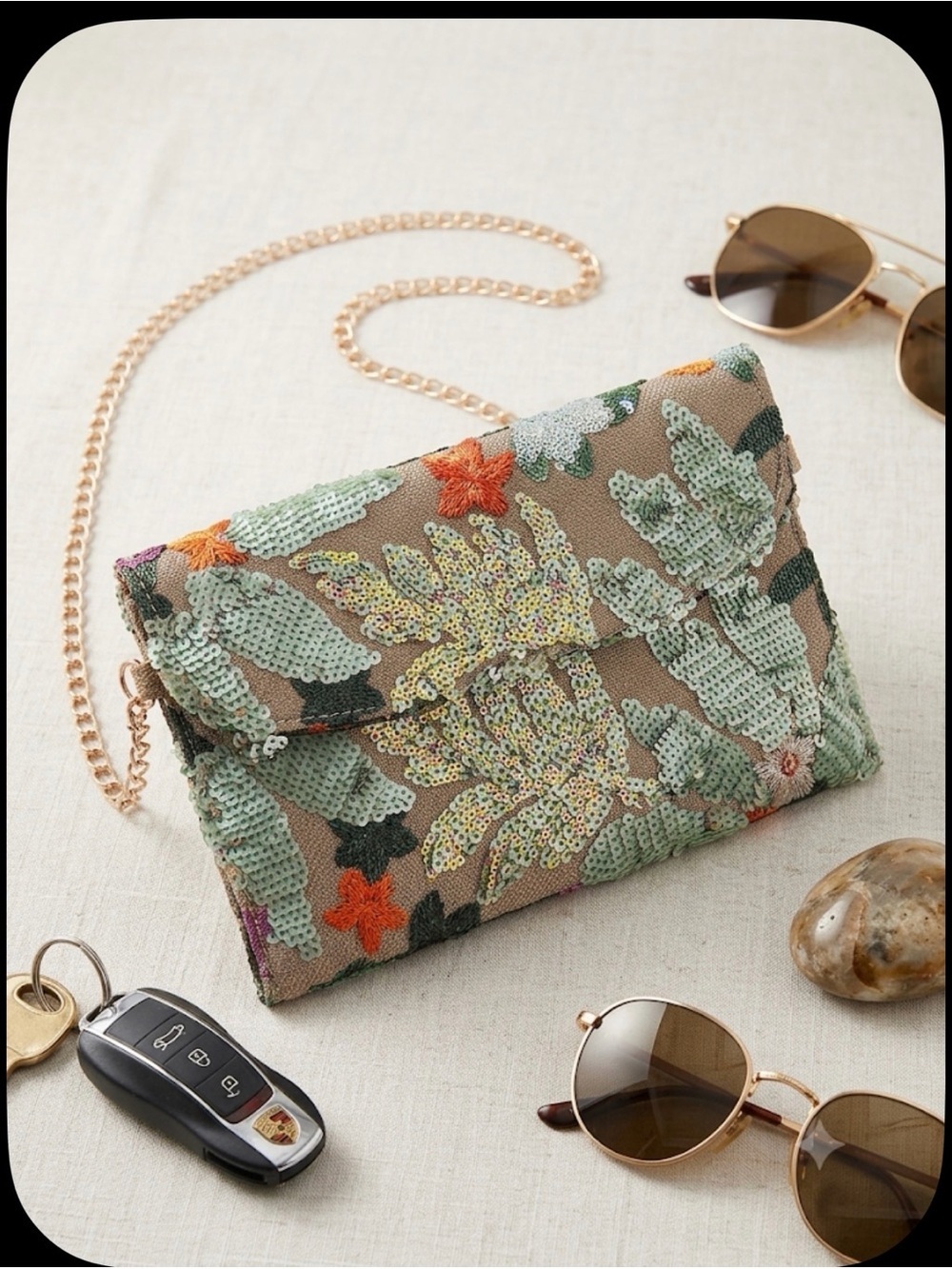 Embroidered Sequin Floral Crossbody Bag in Taupe and Mint